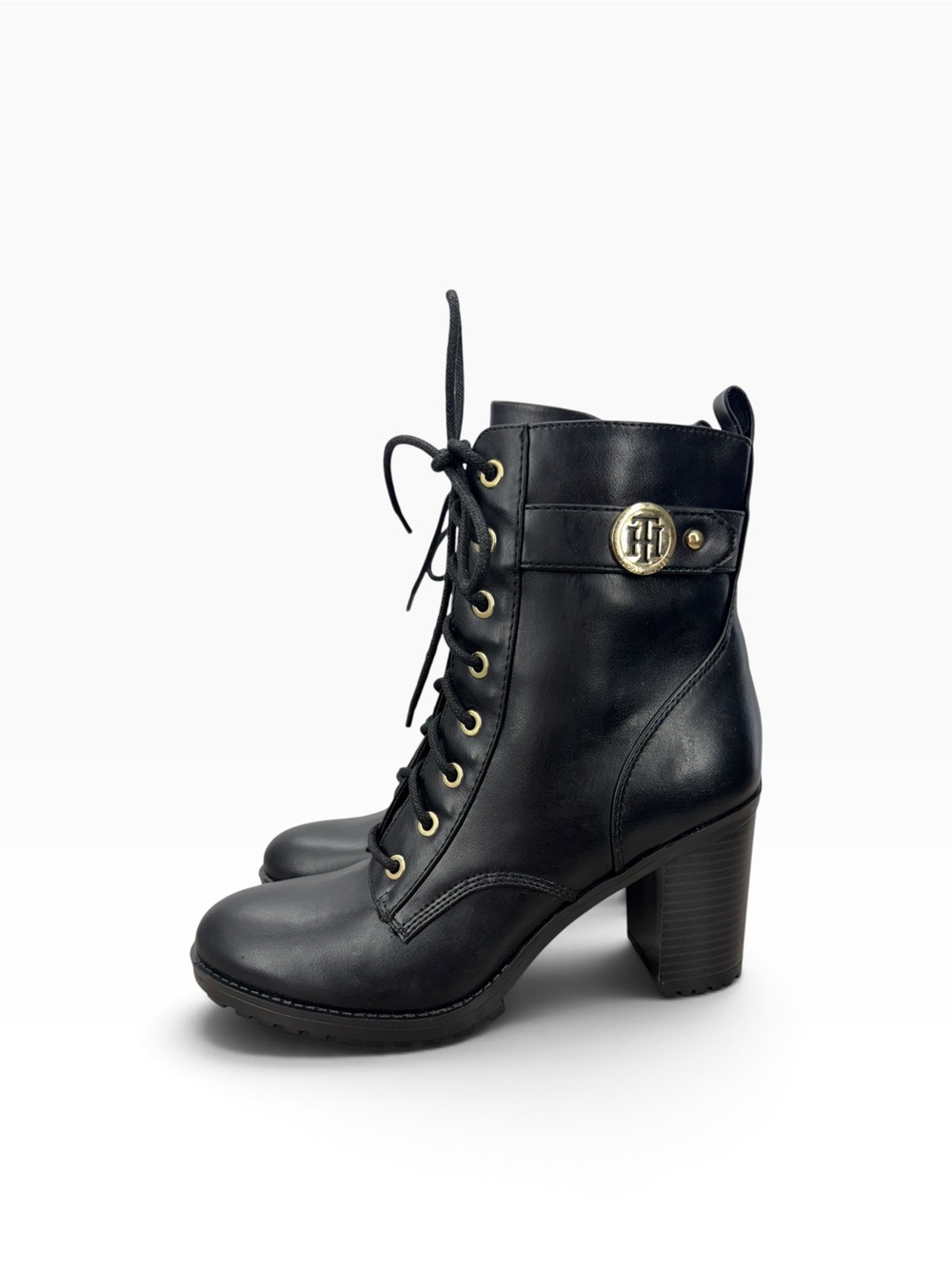 Tommy Hilfiger Womens Twessie Black Combat Ankle Boots Size 7.5 M Side Zip